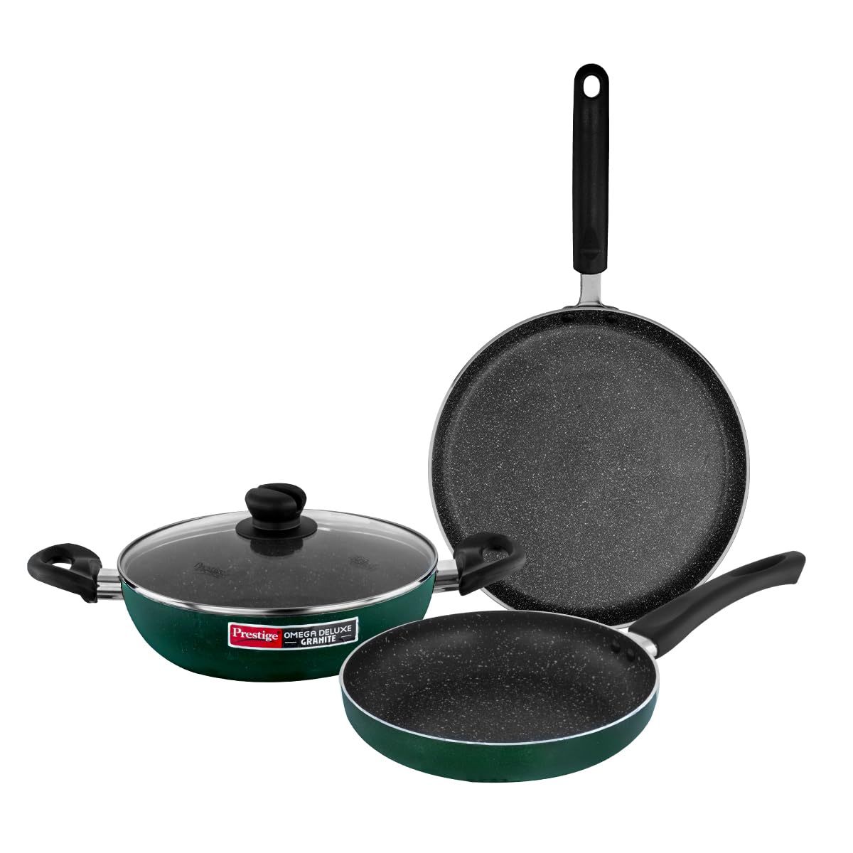 Prestige Omega Granite Non-Stick 3 Pc Cookware Set with Glass Lid | 5-Layer Coating | Gas & Induction Compatible | Omni Tawa 25cm | Fry Pan 24cm | Kadai 24cm | Moss Green | 2Y Warranty |ISI Certified