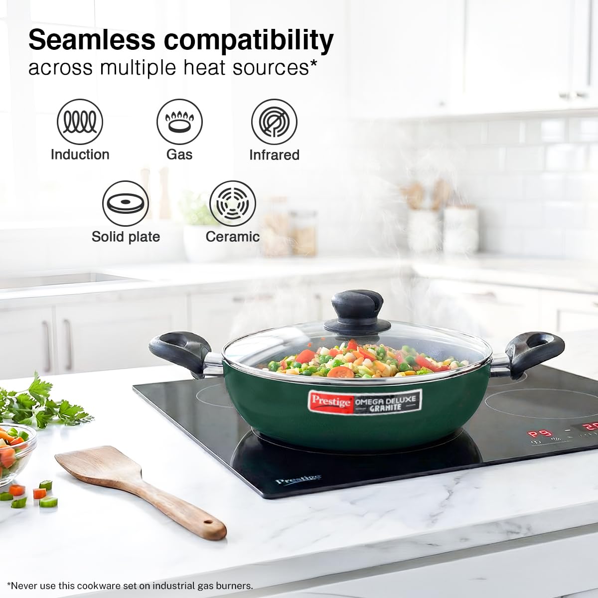 Prestige Omega Granite Non-Stick 3 Pc Cookware Set with Glass Lid | 5-Layer Coating | Gas & Induction Compatible | Omni Tawa 25cm | Fry Pan 24cm | Kadai 24cm | Moss Green | 2Y Warranty |ISI Certified