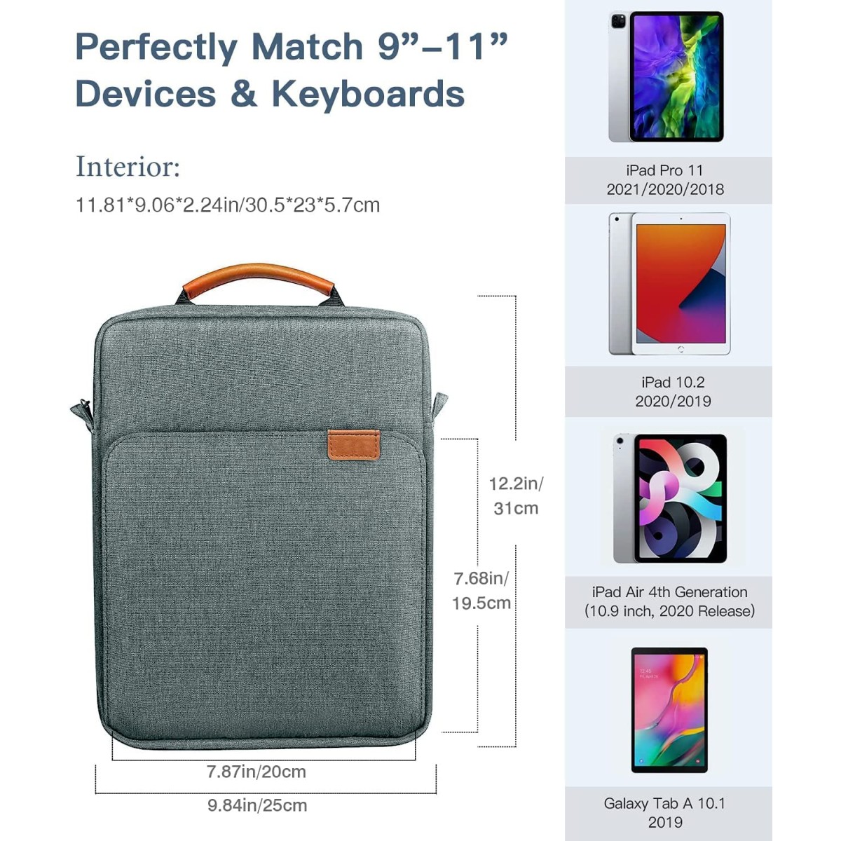 ProElite Tablet sleeve Bag 9-11inch for iPad 10.2/10.9/Pro 11/Samsung/Lenovo/Galaxy Tab A9 Plus/S8/S9/Realme Pad/Honor Pad/Oppo//Xiaomi Mi pad 7/Redmi Pad,Oneplus Pad, Handle with Shoulder strap, Grey