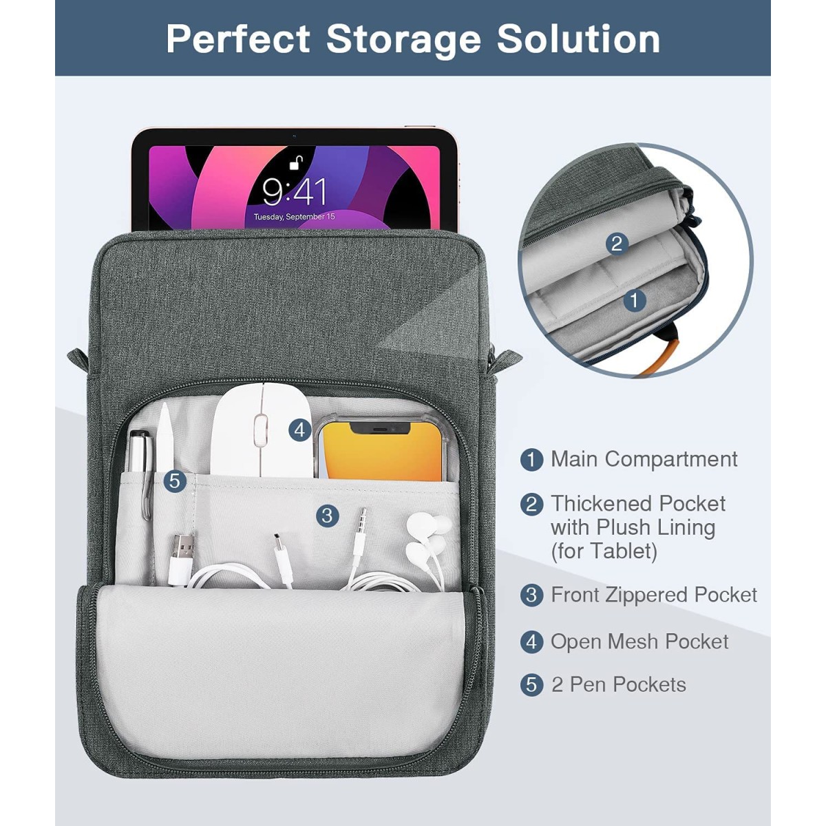 ProElite Tablet sleeve Bag 9-11inch for iPad 10.2/10.9/Pro 11/Samsung/Lenovo/Galaxy Tab A9 Plus/S8/S9/Realme Pad/Honor Pad/Oppo//Xiaomi Mi pad 7/Redmi Pad,Oneplus Pad, Handle with Shoulder strap, Grey