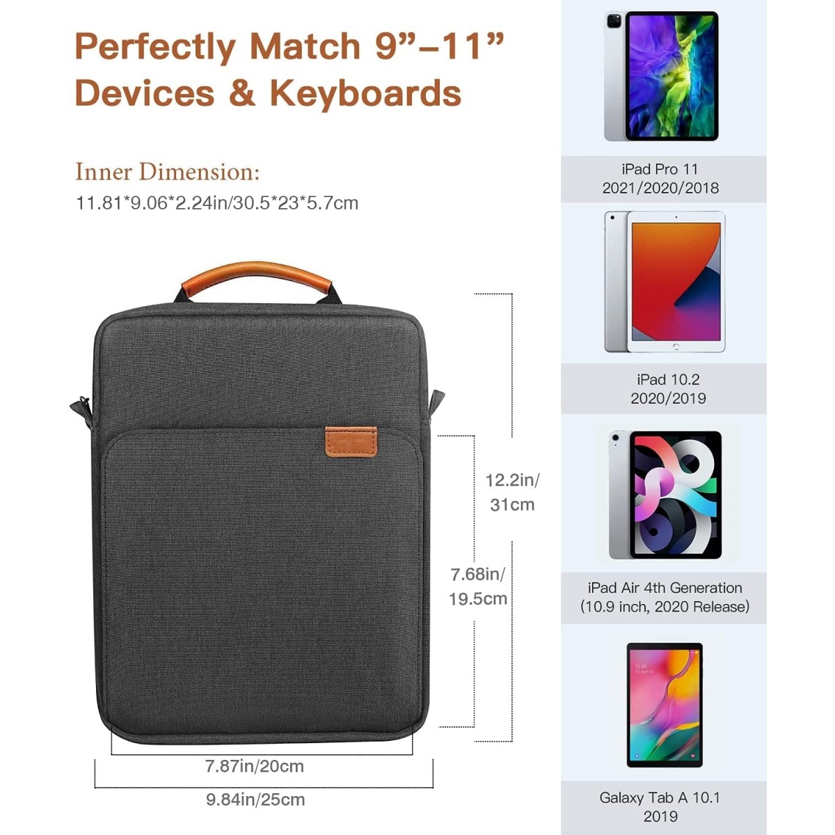 ProElite Tablet sleeve Bag 9-11inch for iPad 10.2/10.9/Pro 11/Samsung/Lenovo/Galaxy Tab A9 Plus/S8/S9/Realme Pad/Honor Pad/Oppo//Xiaomi Mi pad 7/Redmi Pad,Oneplus Pad, Handle with Shoulder strap, Grey