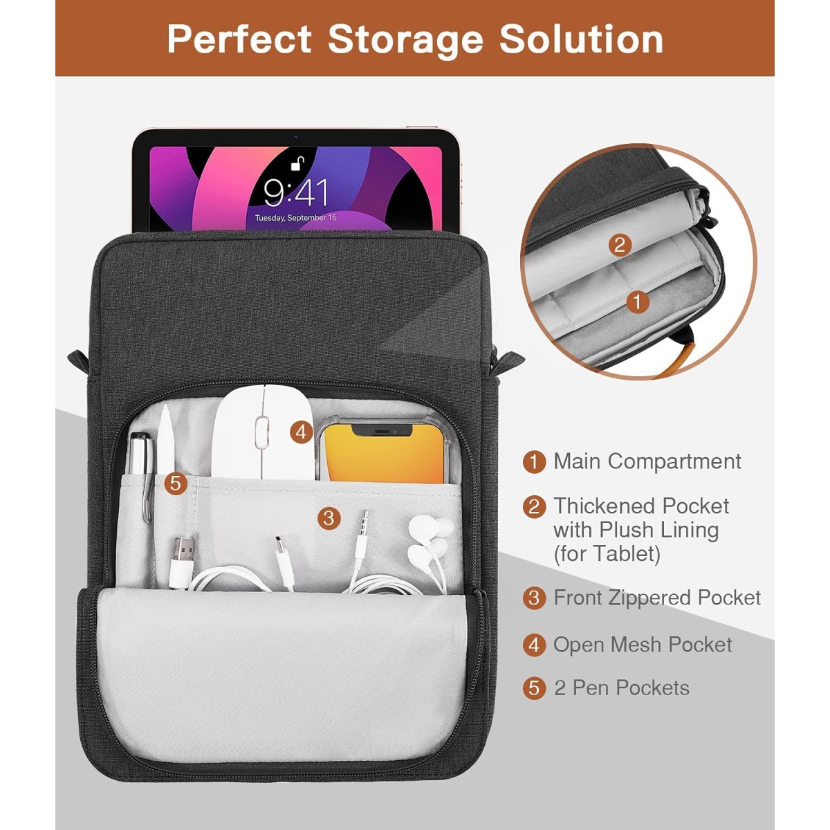 ProElite Tablet sleeve Bag 9-11inch for iPad 10.2/10.9/Pro 11/Samsung/Lenovo/Galaxy Tab A9 Plus/S8/S9/Realme Pad/Honor Pad/Oppo//Xiaomi Mi pad 7/Redmi Pad,Oneplus Pad, Handle with Shoulder strap, Grey