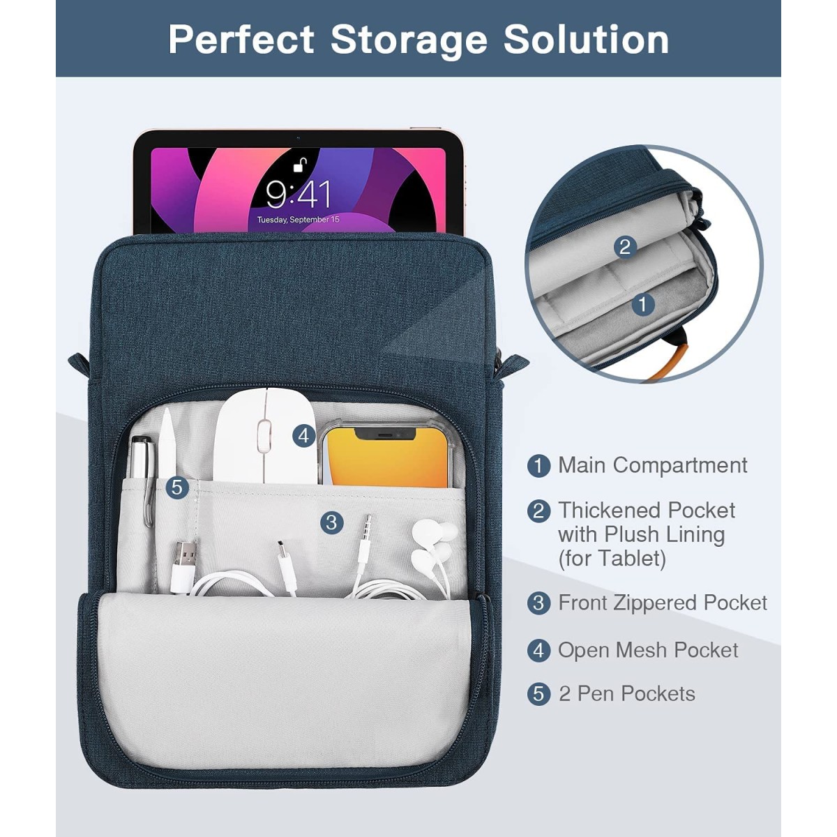 ProElite Tablet sleeve Bag 9-11inch for iPad 10.2/10.9/Pro 11/Samsung/Lenovo/Galaxy Tab A9 Plus/S8/S9/Realme Pad/Honor Pad/Oppo//Xiaomi Mi pad 7/Redmi Pad,Oneplus Pad, Handle with Shoulder strap, Grey