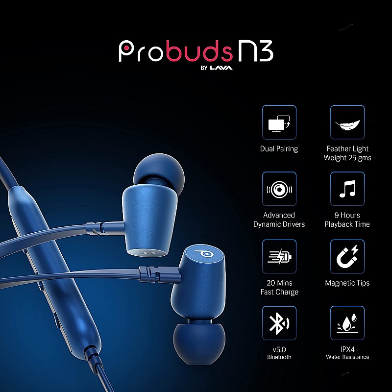 Probuds N3 by Lava Bluetooth Wireless in Ear Neckband Earphone with Mic Long Lasting Battery Blue