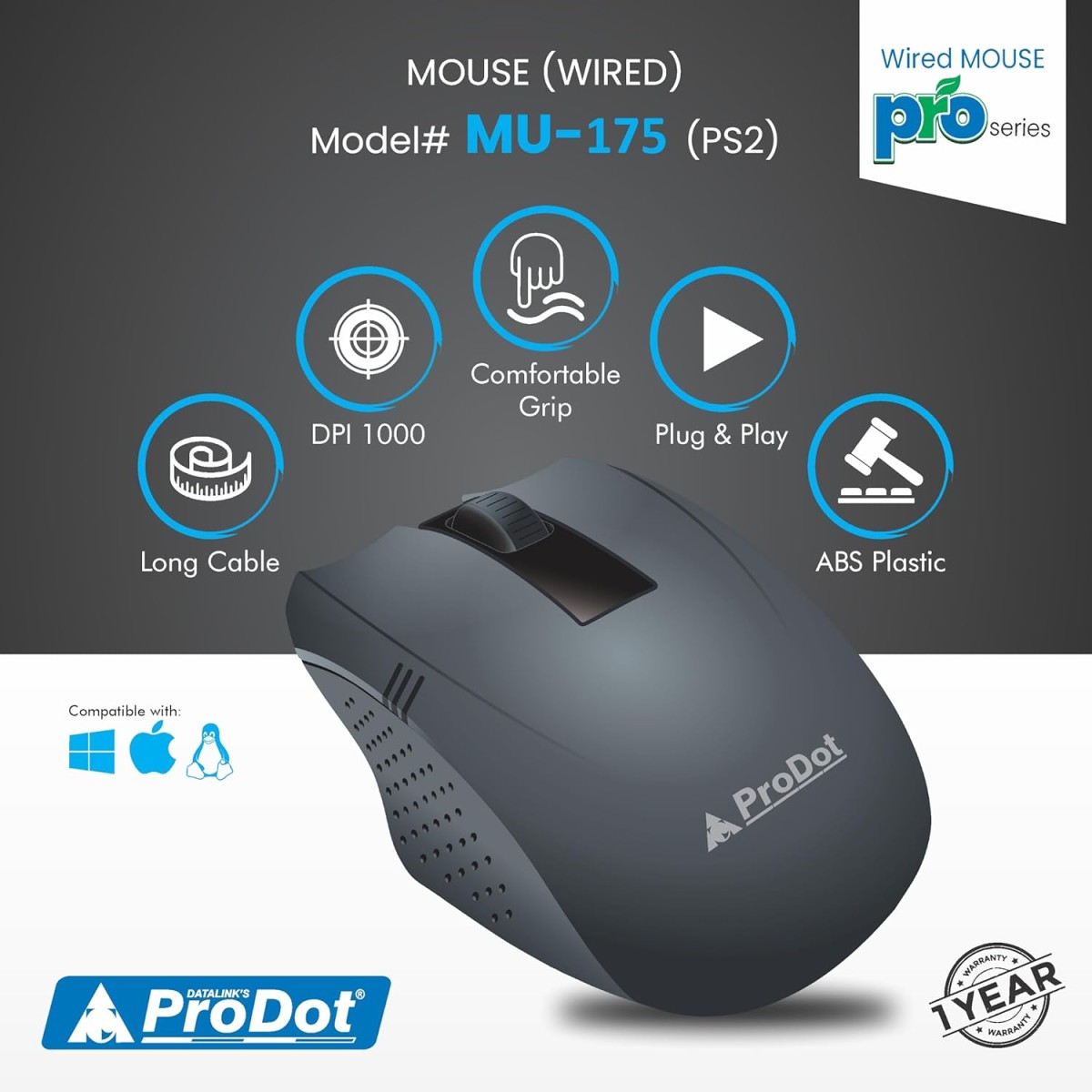 Prodot PS2 Plug & Play Ergonomic Wired Mouse I High Resolution 1000 DPI Optical Sensor I 5M Key Press Life & Clickable Scroll Wheel I 1 Year Warranty I Works with Windows, iOS, Linux (2 PC)
