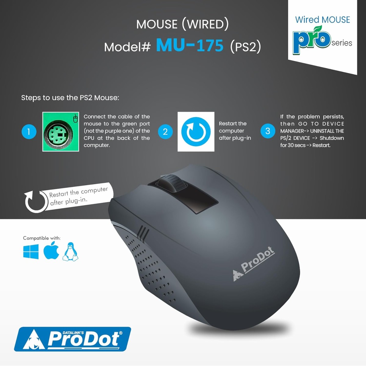 Prodot PS2 Plug & Play Ergonomic Wired Mouse I High Resolution 1000 DPI Optical Sensor I 5M Key Press Life & Clickable Scroll Wheel I 1 Year Warranty I Works with Windows, iOS, Linux (2 PC)