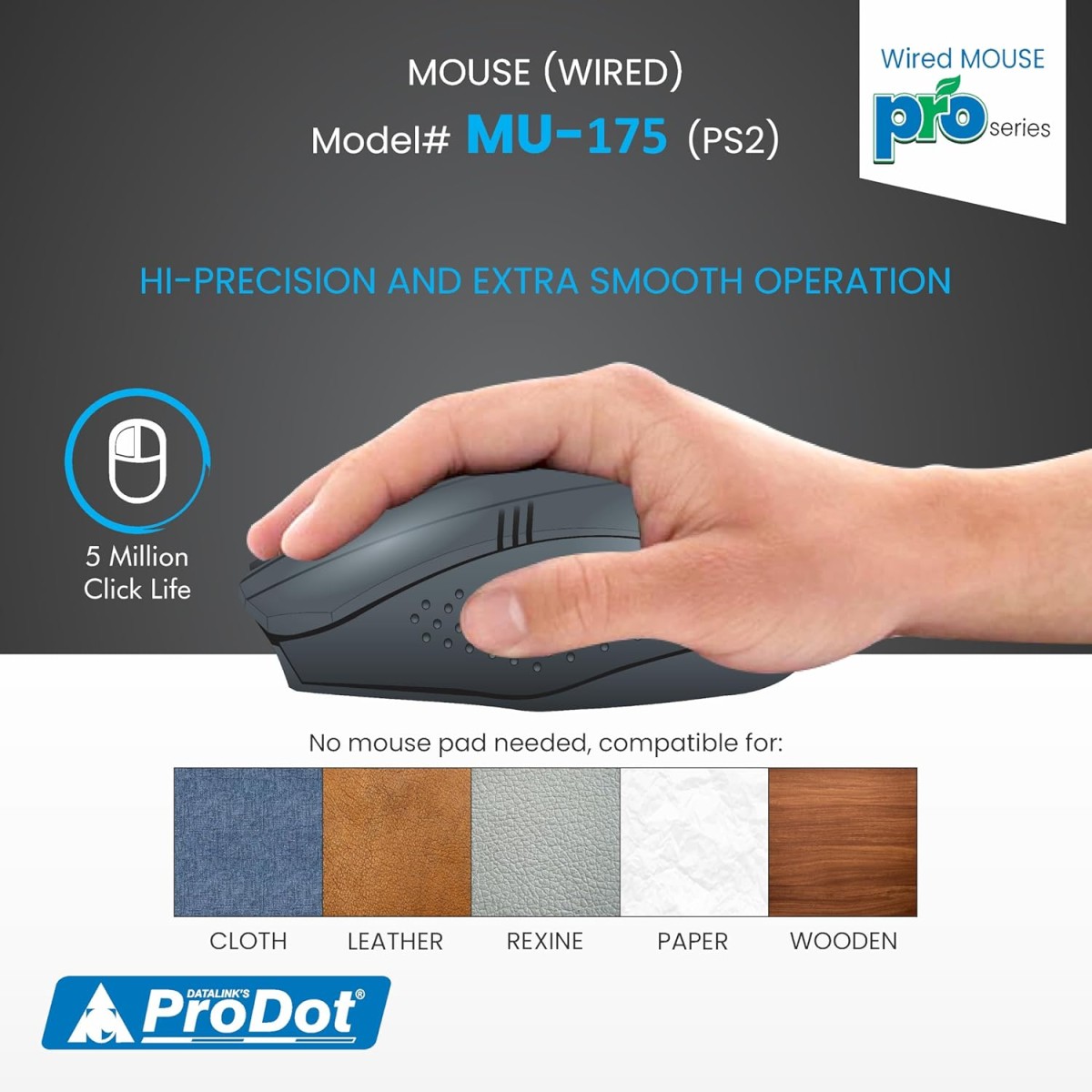 Prodot PS2 Plug & Play Ergonomic Wired Mouse I High Resolution 1000 DPI Optical Sensor I 5M Key Press Life & Clickable Scroll Wheel I 1 Year Warranty I Works with Windows, iOS, Linux (2 PC)