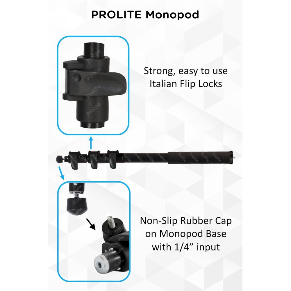 Prolite Professional Heavy Duty Monopod with Dual Mount Thread Adapter (1/4Inch and 3/8Inch) | Italian Flip Locks | Rubber Grip | Upto 5Kg Payload, Black