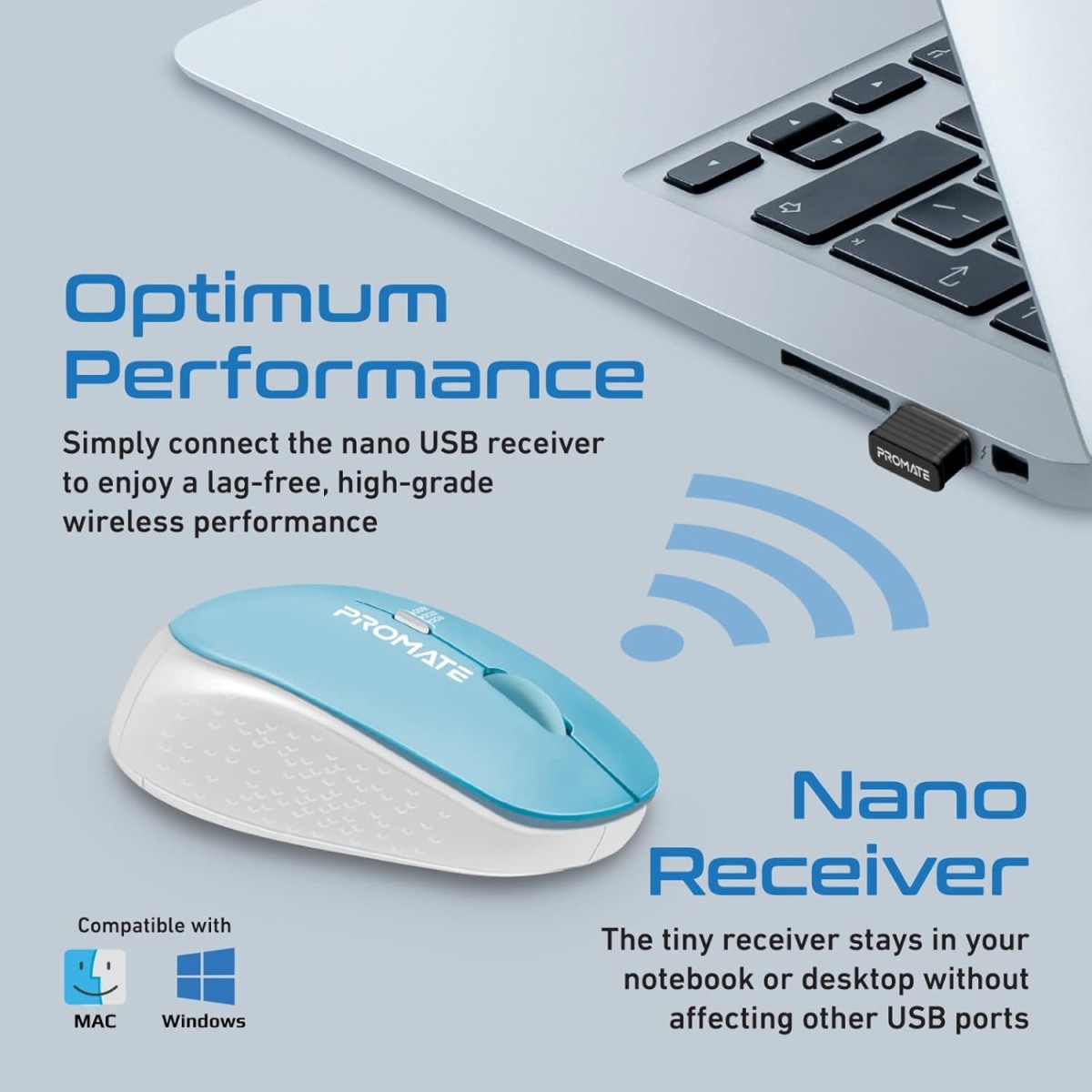 Promate 2.4G Wireless Mouse, Professional Precision Tracking Comfort Grip Mouse with USB Nano Receiver, 10m Range, 800/1200/1600 DPI Switch and 4 Functional Buttons for Mac OS, Windows, Tracker Blue