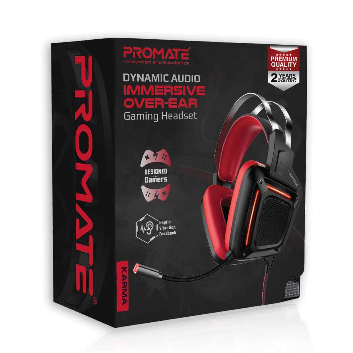 Promate Gaming Headphone, Professional Over-Ear USB Gaming Surround Sound Wired Headset with Haptic Vibration Karma (RED)