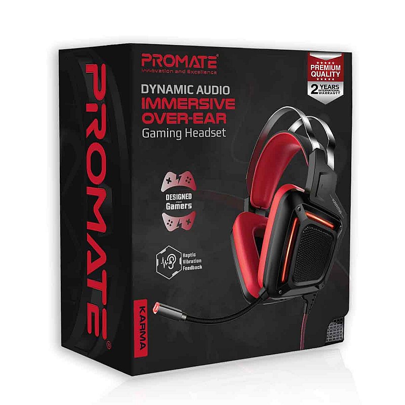 Promate Gaming Headphone, Professional Over-Ear USB Gaming Surround Sound Wired Headset with Haptic Vibration Karma (RED)