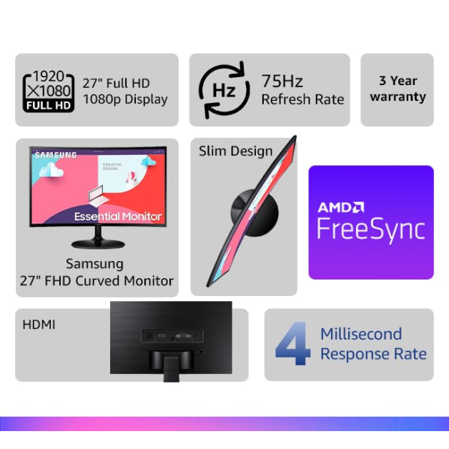 Samsung 27 inch (68.5 cm) Curved LED Backlit Computer Monitor - Full HD, VA Panel with VGA, HDMI, Audio Ports - LC27F390FHWXXL (Black) Samsung 27 inch (68.5 cm) Curved LED Backlit Computer Monitor - Full HD, VA Panel with VGA, HDMI, Audio Ports - LC27F390FHWXXL (Black)