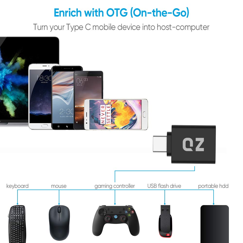 QZ USB Type C OTG Adapter, Type C to USB Connector, USB to Type C Adapter OTG [Thunderbolt-3 Compatible]
