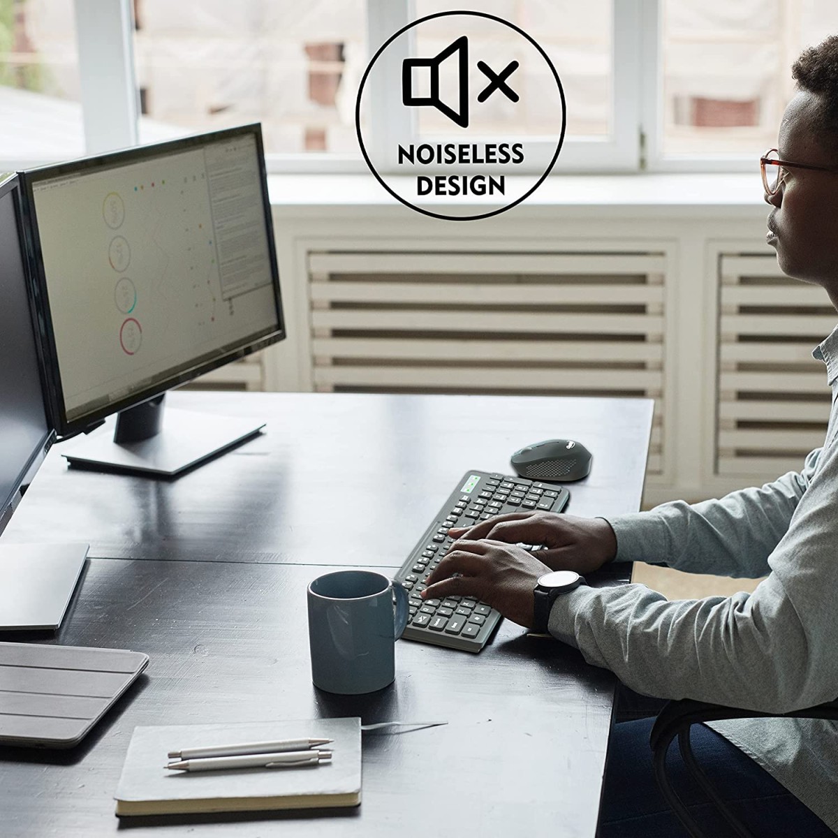 Quantum Wireless Keyboard and Mouse Combo, Battery (Cells Included), Nano Receiver, Silent Keys