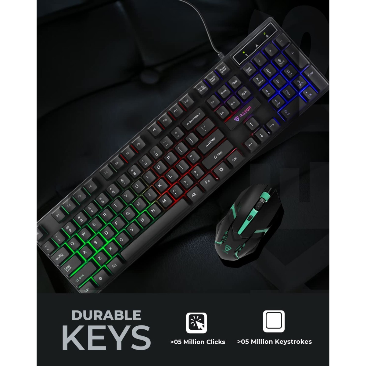 RAEGR RapidGear X30 Wired Gaming Keyboard and Mouse Combo 1200 DPI, LED Rainbow Backlit, Floating Keycaps with Breathing Lights Effect, Plug & Play | Compatible with PC/Laptop/Mac - Black RG10471 RAEGR RapidGear X30 Wired Gaming Keyboard and Mouse Combo 1200 DPI, LED Rainbow Backlit, Floating Keycaps with Breathing Lights Effect, Plug & Play | Compatible with PC/Laptop/Mac - Black RG10471