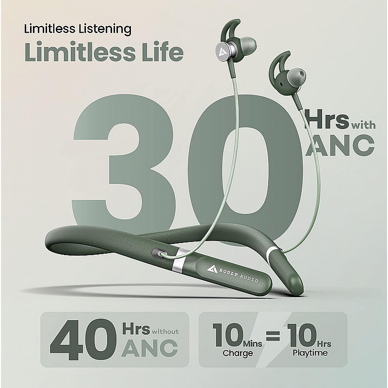 Boult Audio Curve ANC Wireless in Ear Wireless Earphones with 25dB Active Noise Cancellation, ENC Mic, 30H Playtime, (Green)