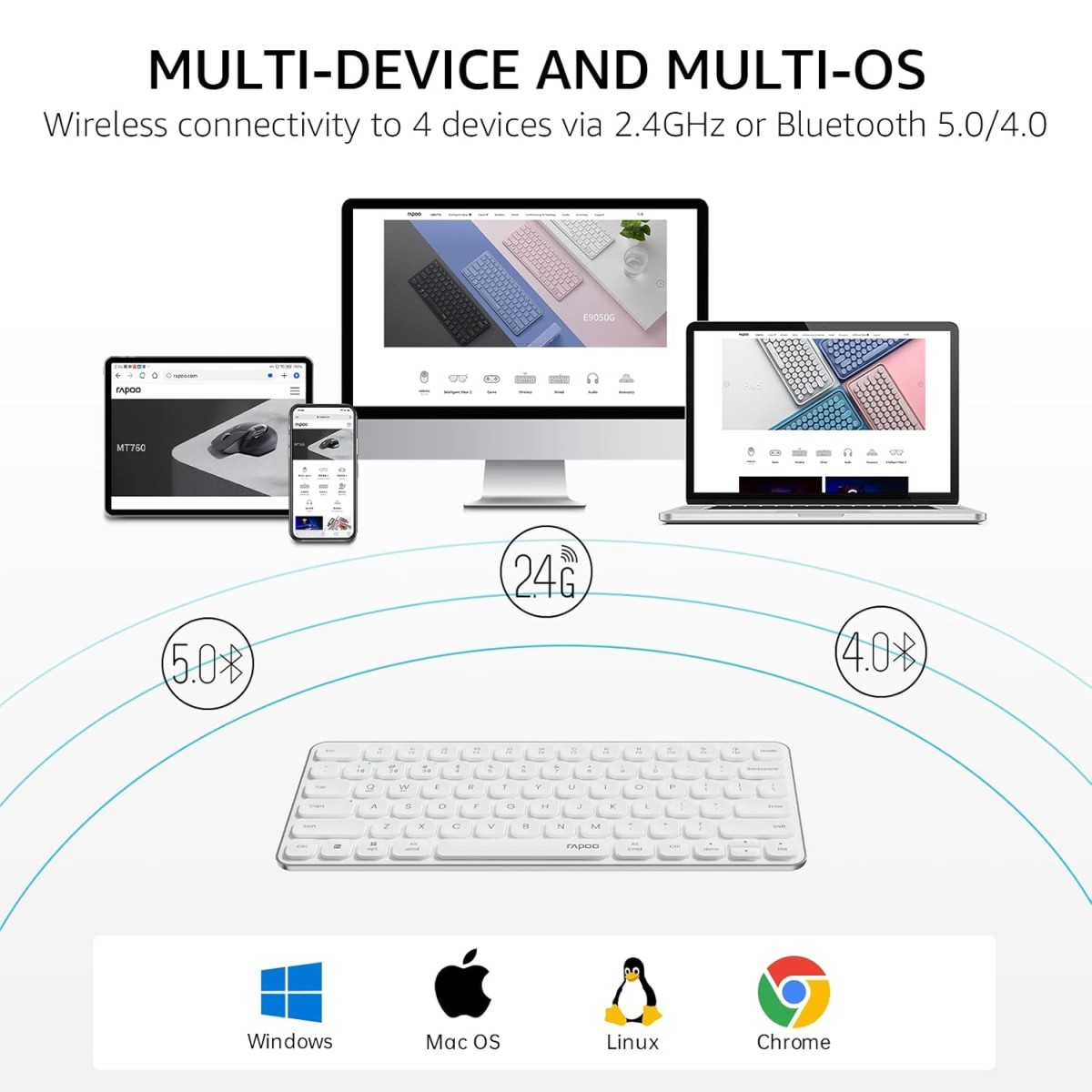 RAPOO E9050L Bluetooth Wireless Multi-Device Keyboard(4 Devices), Rechargeable, Led Indicators, Ultra-Thin, Ergonomic, Compatible with Windows, iOS, Android, Tab, Smartphones -White, 3-Year Warranty RAPOO E9050L Bluetooth Wireless Multi-Device Keyboard(4 Devices), Rechargeable, Led Indicators, Ultra-Thin, Ergonomic, Compatible with Windows, iOS, Android, Tab, Smartphones -White, 3-Year Warranty