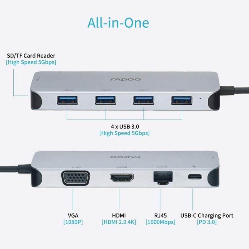 RAPOO XD200 USB C Hub Adapter, 10-in-1 Adapter, with 4K HDMI, 1080P VGA, SD/TF Card Reader, 4 USB 3.0 Ports, Type C Charging, RJ-45 Port, for MacBook 12 inch, MacBook Pro, Chromebook, XPS, and More RAPOO XD200 USB C Hub Adapter, 10-in-1 Adapter, with 4K HDMI, 1080P VGA, SD/TF Card Reader, 4 USB 3.0 Ports, Type C Charging, RJ-45 Port, for MacBook 12 inch, MacBook Pro, Chromebook, XPS, and More