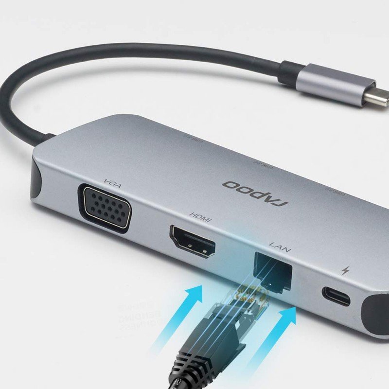 RAPOO XD200 USB C Hub Adapter, 10-in-1 Adapter, with 4K HDMI, 1080P VGA, SD/TF Card Reader, 4 USB 3.0 Ports, Type C Charging, RJ-45 Port, for MacBook 12 inch, MacBook Pro, Chromebook, XPS, and More RAPOO XD200 USB C Hub Adapter, 10-in-1 Adapter, with 4K HDMI, 1080P VGA, SD/TF Card Reader, 4 USB 3.0 Ports, Type C Charging, RJ-45 Port, for MacBook 12 inch, MacBook Pro, Chromebook, XPS, and More
