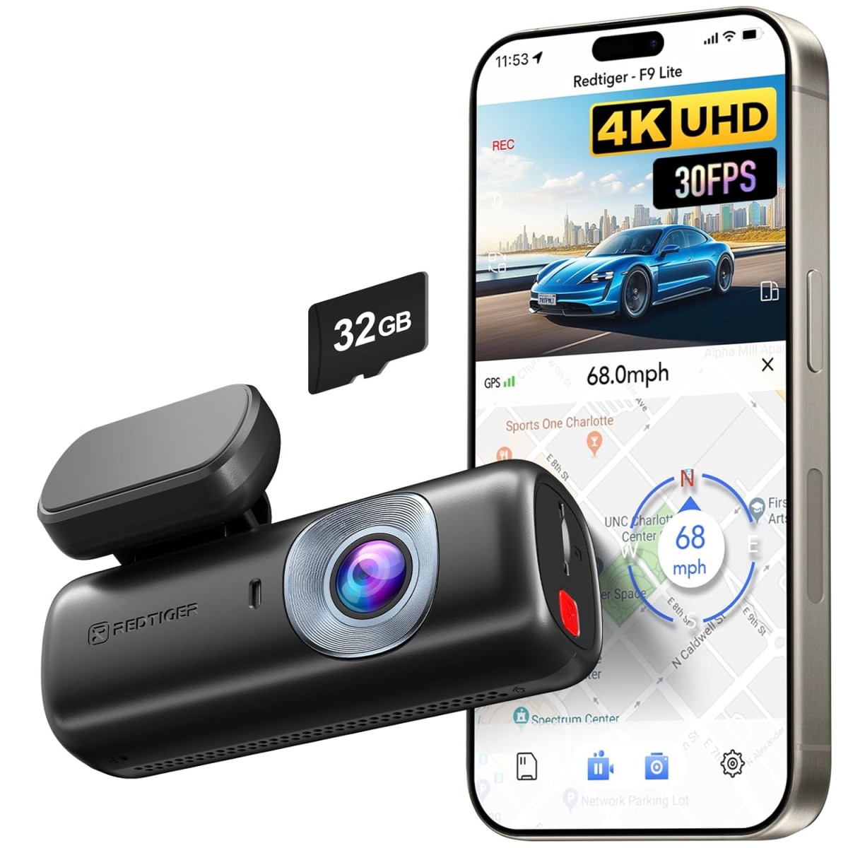 REDTIGER 4K Front Dash Cam for Car, ADAS, with 32GB Memory Card, Built-in WiFi&GPS, Car Camera with G Sensor, Loop Recording, Smart App Control, Night View, 24/7 Parking Mode(F9 Lite)