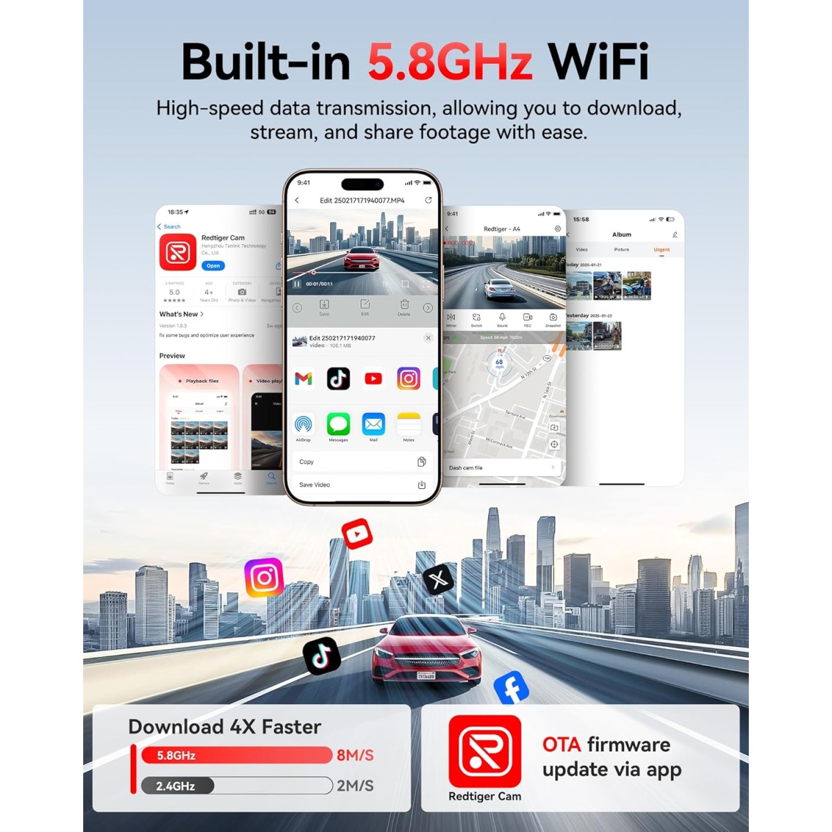 REDTIGER 4K+1080P Front and Rear Dash Cam for Car, 5.8GHz WiFi APP, GPS, 2.2''Mini Touch Screen, Voice Control, Built-in 64GB Card, Loop Recording, 24H Parking Mode(A4)