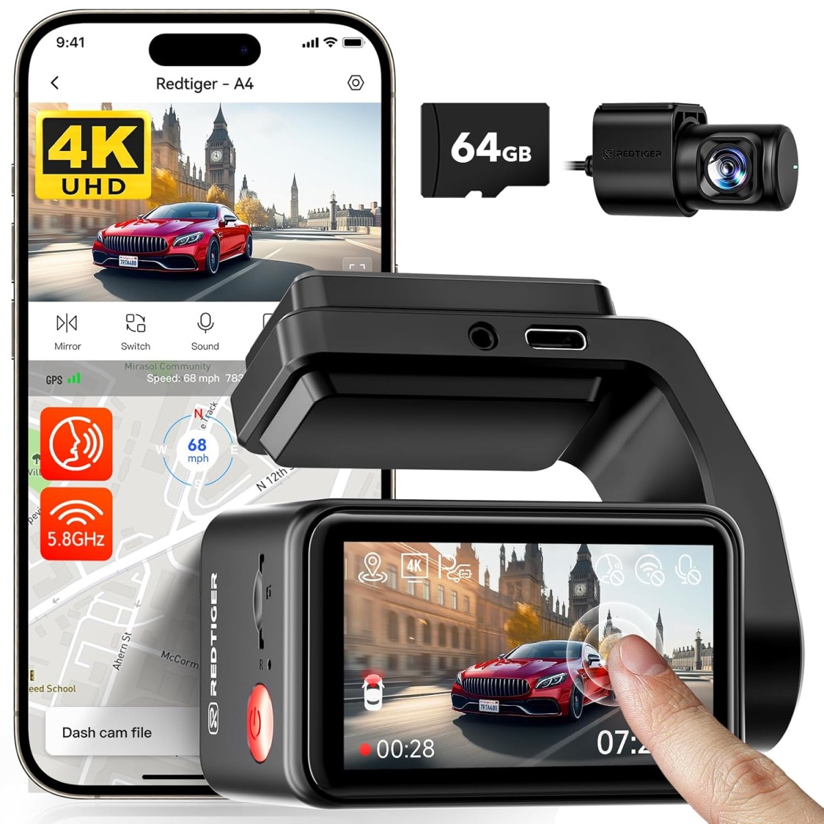 REDTIGER 4K+1080P Front and Rear Dash Cam for Car, 5.8GHz WiFi APP, GPS, 2.2''Mini Touch Screen, Voice Control, Built-in 64GB Card, Loop Recording, 24H Parking Mode(A4)