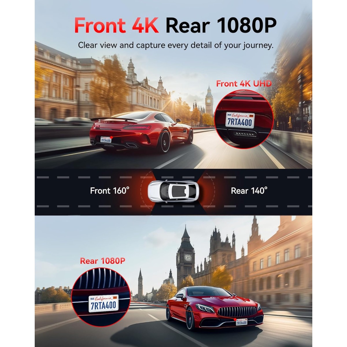 REDTIGER 4K+1080P Front and Rear Dash Cam for Car, 5.8GHz WiFi APP, GPS, 2.2''Mini Touch Screen, Voice Control, Built-in 64GB Card, Loop Recording, 24H Parking Mode(A4)