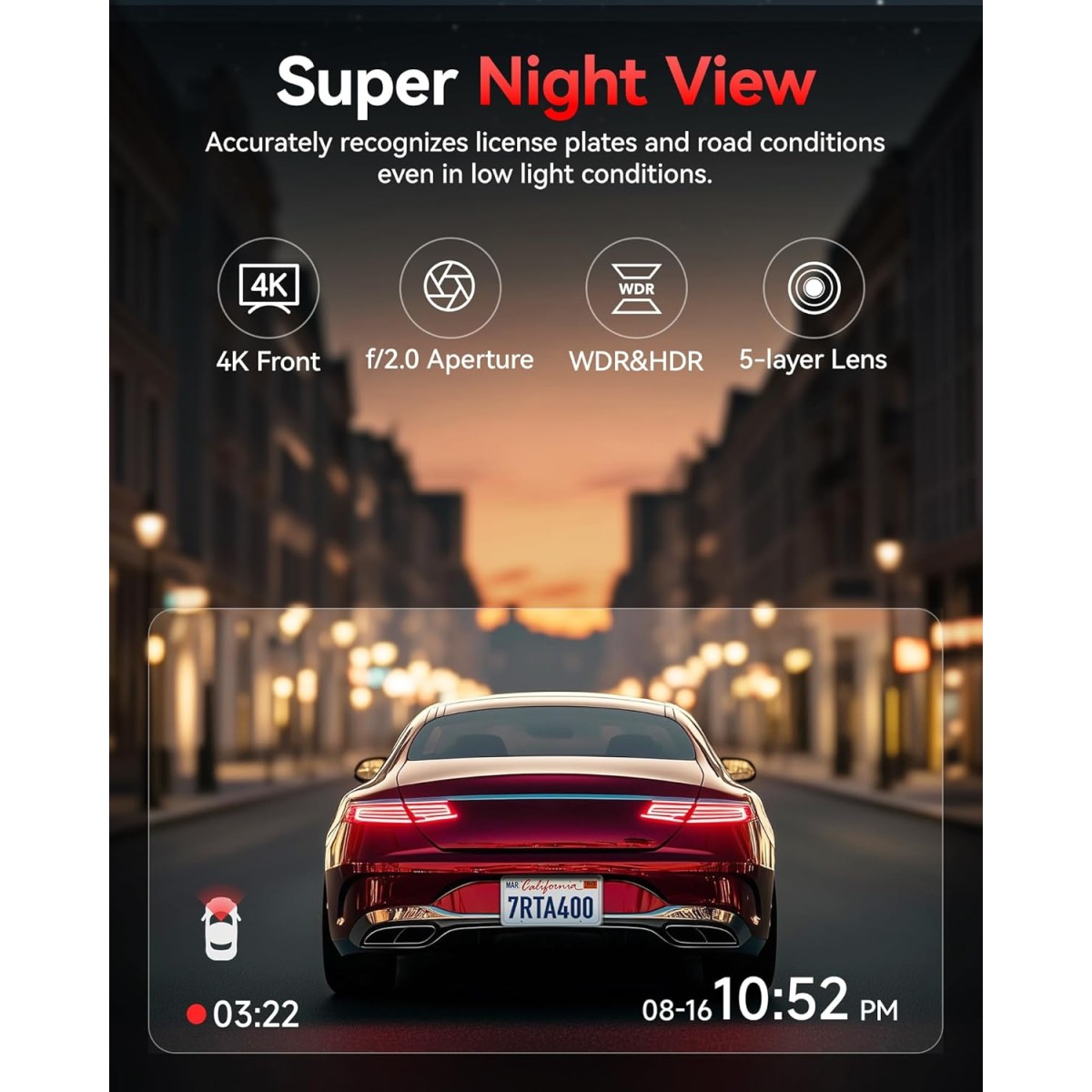 REDTIGER 4K+1080P Front and Rear Dash Cam for Car, 5.8GHz WiFi APP, GPS, 2.2''Mini Touch Screen, Voice Control, Built-in 64GB Card, Loop Recording, 24H Parking Mode(A4)