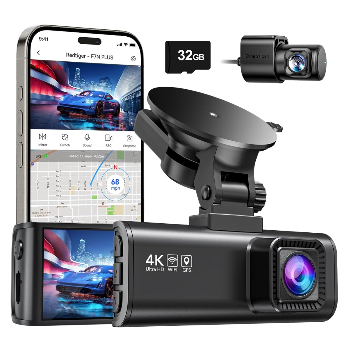 REDTIGER Dash Cam Front Rear, 4K/2.5K Full HD Dash Camera for Cars, Built-in Wi-Fi GPS, 3.16” IPS Screen, Night Vision, 170°Wide Angle, WDR, 24H Parking Mode (4K Front + 1080P Inside Rear)