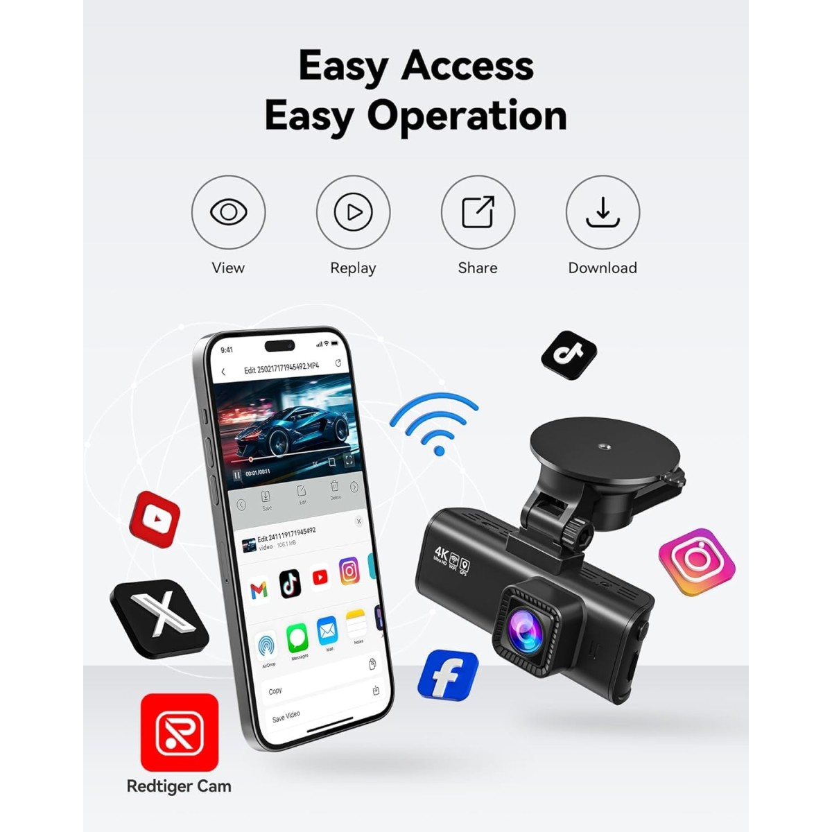 REDTIGER Dash Cam Front Rear, 4K/2.5K Full HD Dash Camera for Cars, Built-in Wi-Fi GPS, 3.16” IPS Screen, Night Vision, 170°Wide Angle, WDR, 24H Parking Mode (4K Front + 1080P Inside Rear)