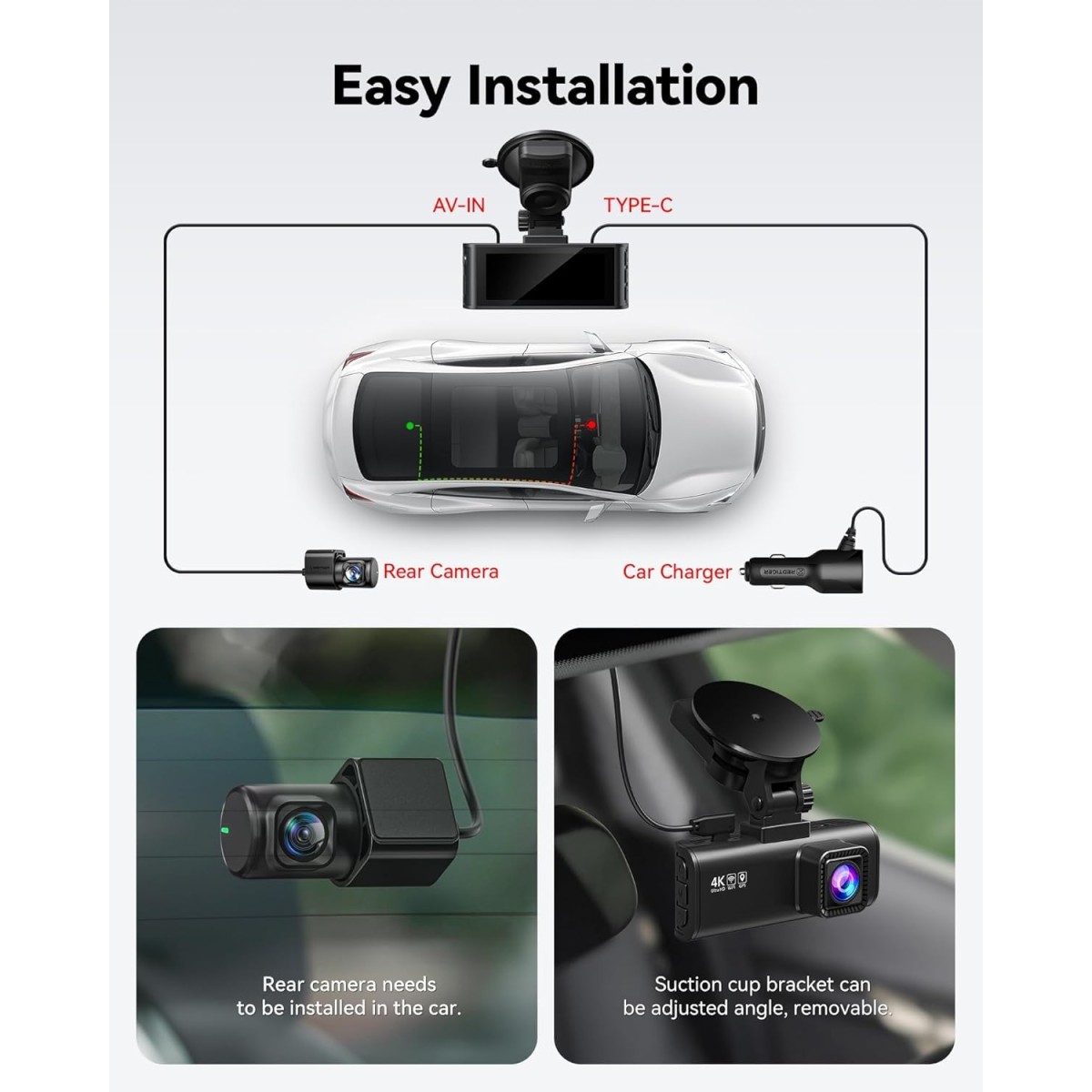 REDTIGER Dash Cam Front Rear, 4K/2.5K Full HD Dash Camera for Cars, Built-in Wi-Fi GPS, 3.16” IPS Screen, Night Vision, 170°Wide Angle, WDR, 24H Parking Mode (4K Front + 1080P Inside Rear)