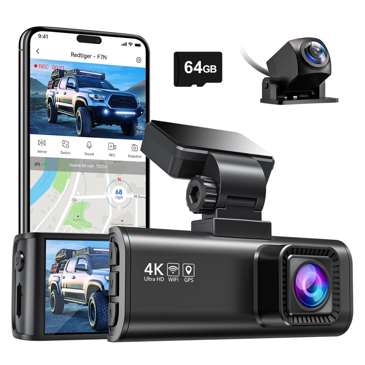 REDTIGER F7N 4K Dual Dash Cam with Free 64GB Card, Built-in WiFi GPS Front 4K/2.5K and Rear 1080P Dual Dash Camera for Cars,3.18 inch Screen,170° Wide Angle, Parking Monitor, Support 256GB Max