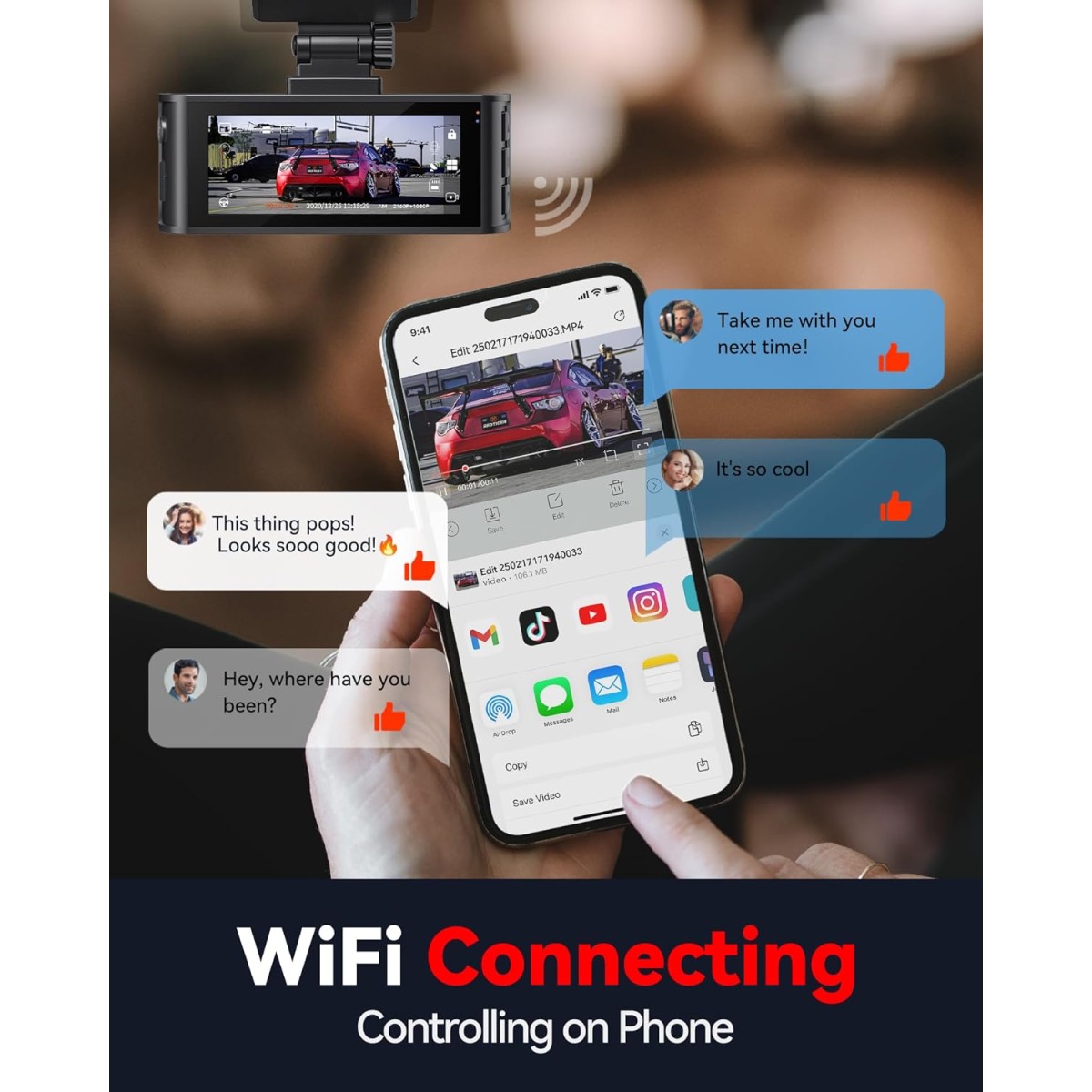 REDTIGER F7N 4K Dual Dash Cam with Free 64GB Card, Built-in WiFi GPS Front 4K/2.5K and Rear 1080P Dual Dash Camera for Cars,3.18 inch Screen,170° Wide Angle, Parking Monitor, Support 256GB Max