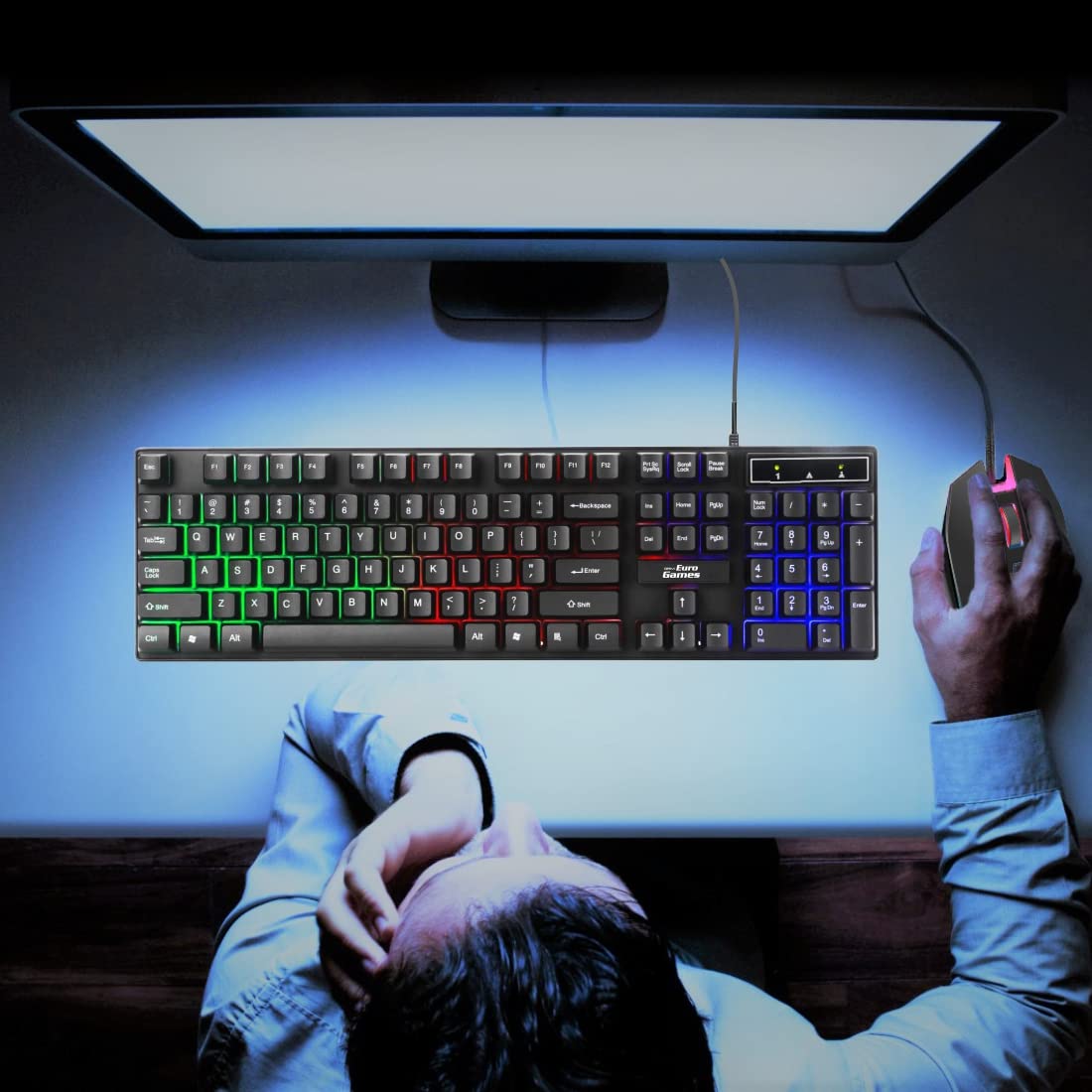 RPM Euro Games Gaming Keyboard Wired 7 Color LED Illuminated & Spill Proof Keys, Black, Medium