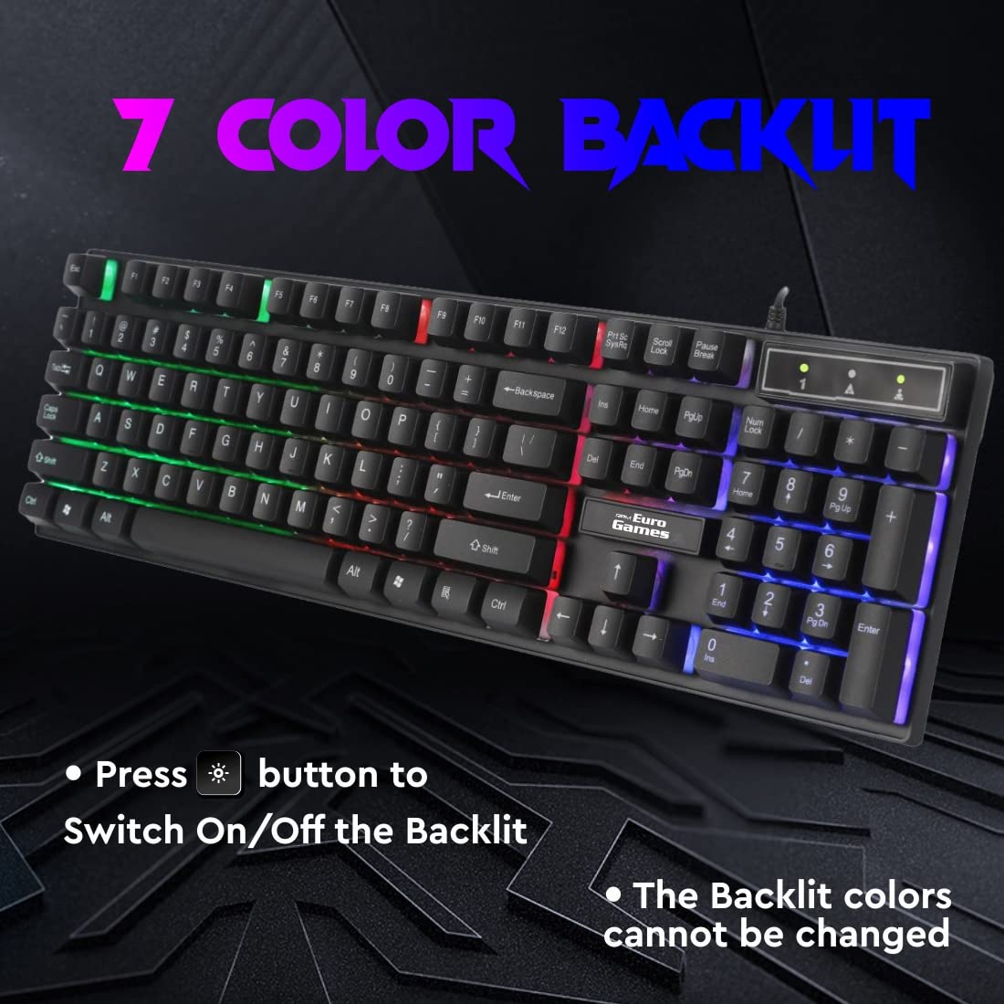RPM Euro Games Gaming Keyboard Wired 7 Color LED Illuminated & Spill Proof Keys, Black, Medium