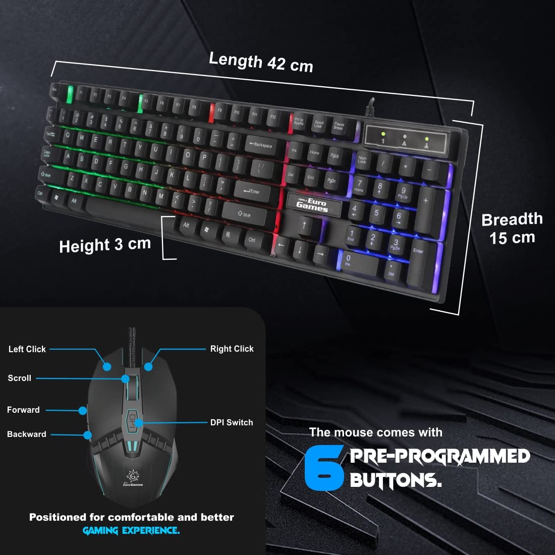 RPM Euro Games Gaming Keyboard Wired 7 Color LED Illuminated & Spill Proof Keys, Black, Medium