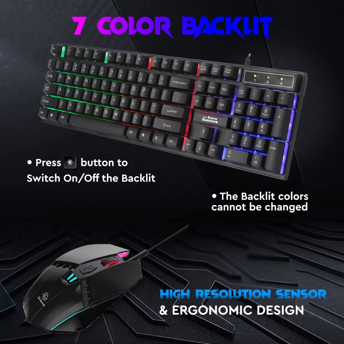 RPM Euro Games Gaming Keyboard Wired 7 Color LED Illuminated & Spill Proof Keys, Black, Medium