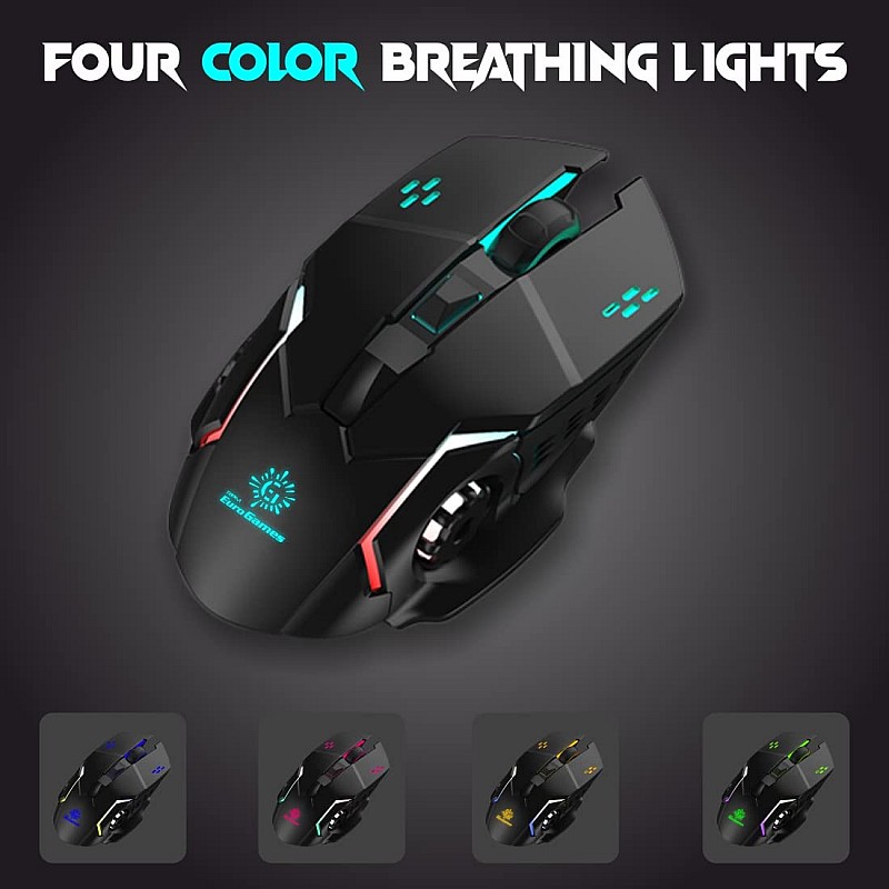 RPM Euro Games USB Wireless Gaming Mouse Rechargeable 500 mAh Battery DPI Upto 3200 6 Color RGB Lights Rubber Coated Mice, Black