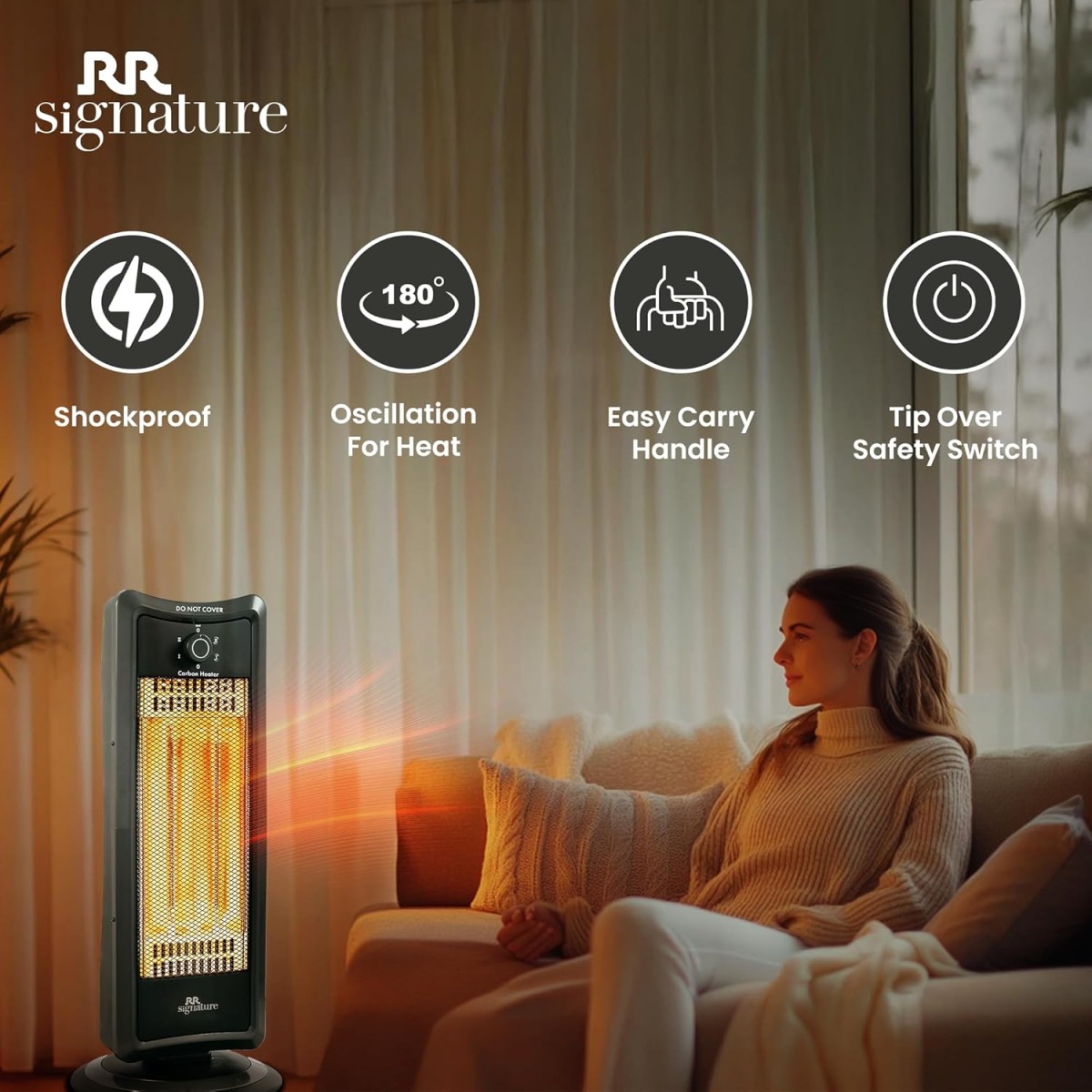 RR Signature CARBON Room Heater 1000 Watt | 180 Degree Oscillation | Tip Over Protection |2 Heat Settings (500 W/ 1000 W) | 2 Year Warranty