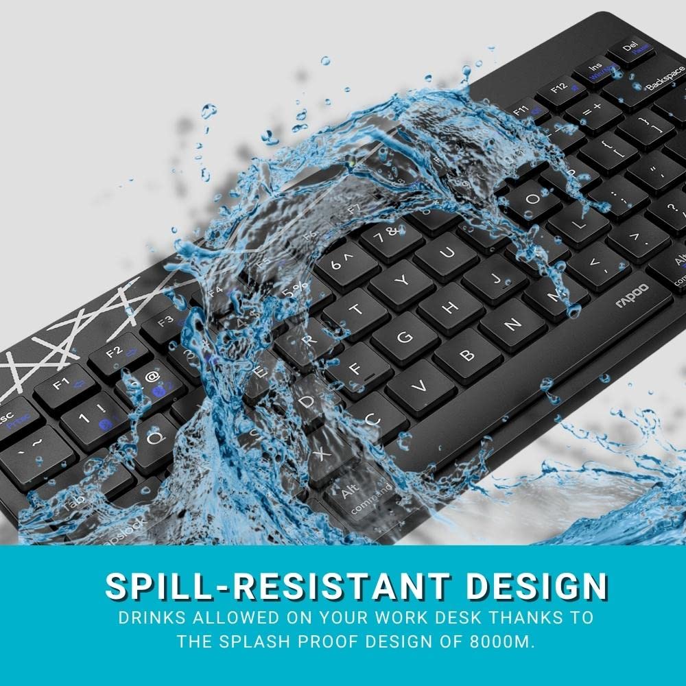 Rapoo 8000M Multi-Mode Keyboard and Mouse Set Bluetooth 3.0/4.0 Wireless 2.4 GHz 1300 DPI Combo- Black Rapoo 8000M Multi-Mode Keyboard and Mouse Set Bluetooth 3.0/4.0 Wireless 2.4 GHz 1300 DPI Combo- Black