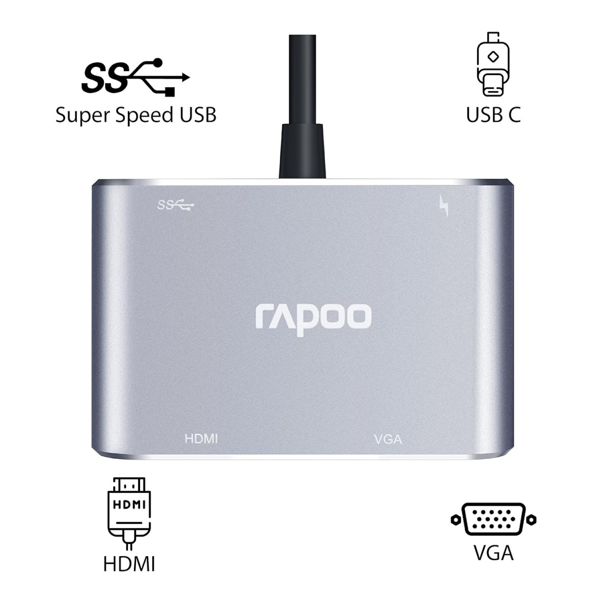 Rapoo XD30 USB C Hub, 4-in-1 USB C Adapter, with 4K USB C to HDMI/30Hz & VGA Ports,PD protocal Power Supply,USB A 3.0 for MacBook Pro 2016/2017/2018, Chromebook, Windows, and More Rapoo XD30 USB C Hub, 4-in-1 USB C Adapter, with 4K USB C to HDMI/30Hz & VGA Ports,PD protocal Power Supply,USB A 3.0 for MacBook Pro 2016/2017/2018, Chromebook, Windows, and More