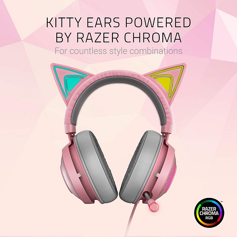 Razer kraken kitty ears chroma usb rgb gaming wired over ear headphones with mic pink