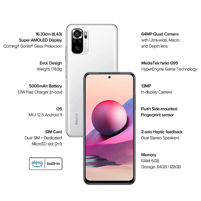 Redmi Note 10S (Frost White, 6GB RAM, 64GB Storage) - Super Amoled Display 64 MP Quad Camera Alexa Built in