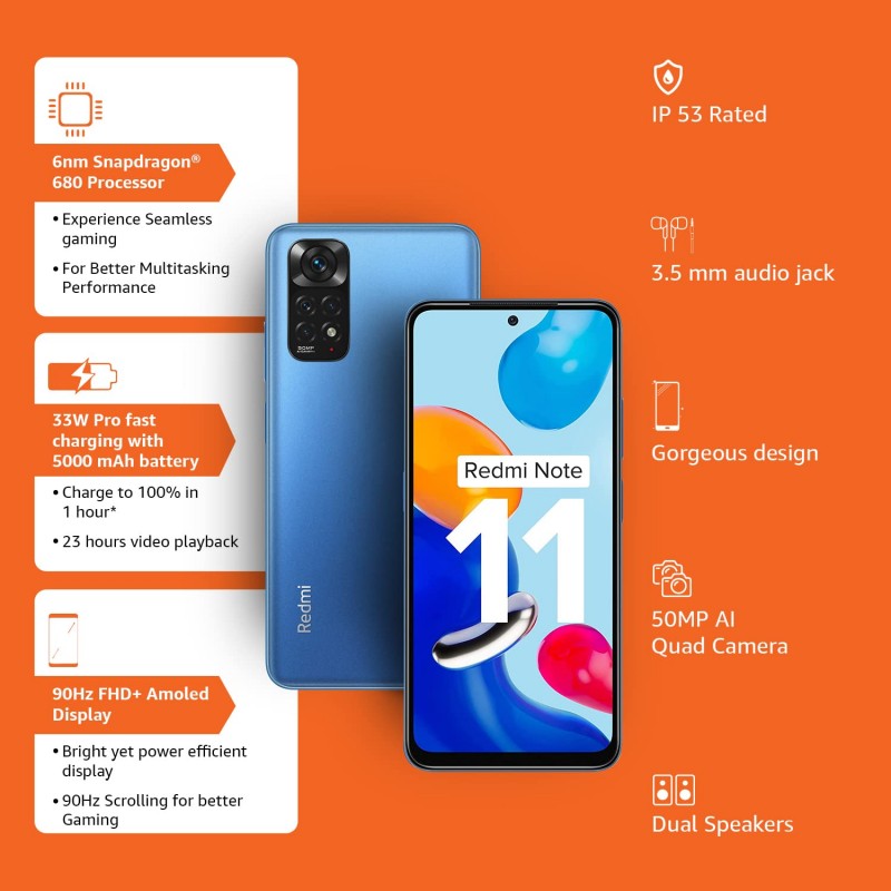 Redmi Note 11 Horizon Blue 6GB RAM 64GB Storage 90Hz FHD+ AMOLED Display (Refurbished)