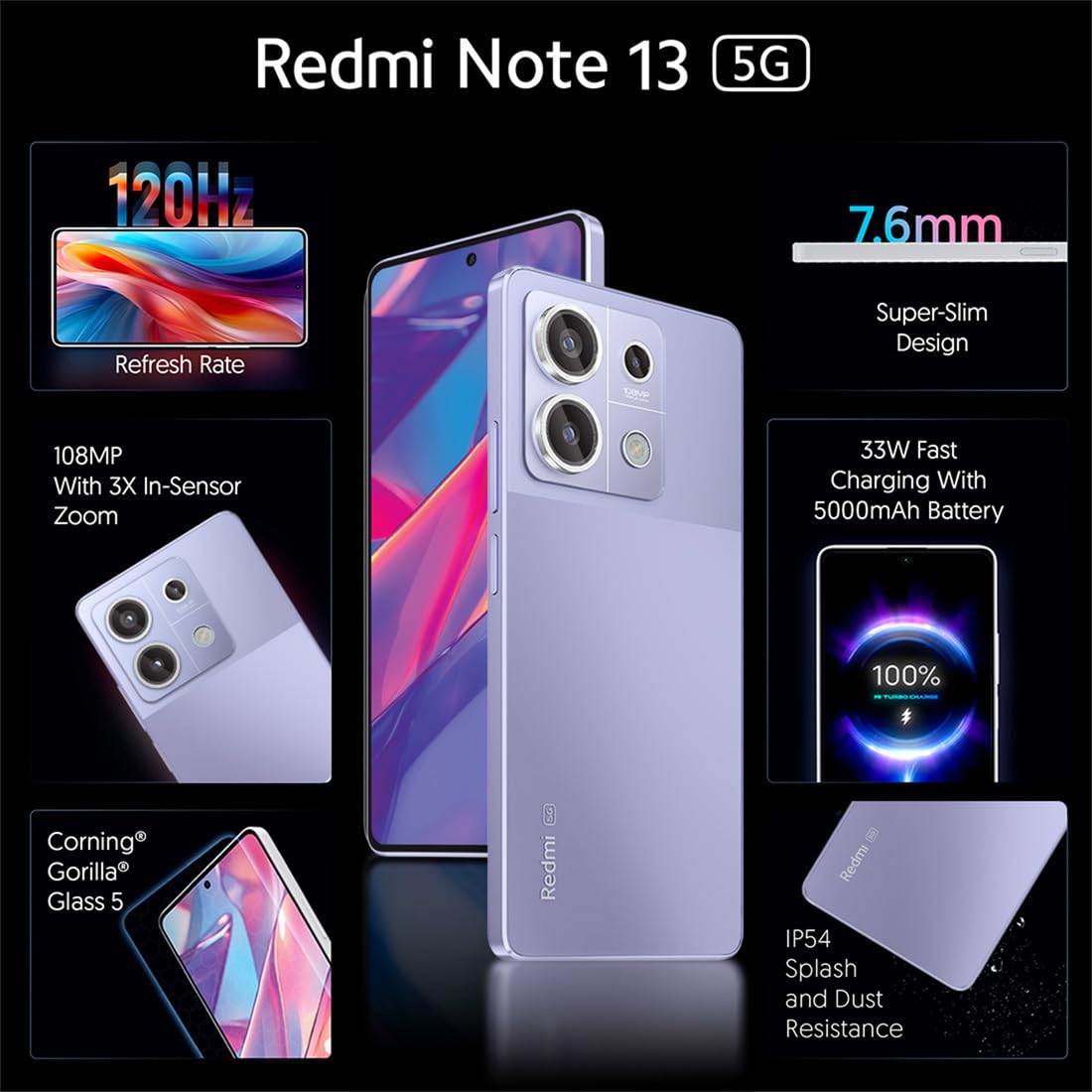Redmi Note 13 5G (Stealth Black, 8GB RAM, 256GB Storage) | 5G Ready | 120Hz Bezel-Less AMOLED | 7.mm Slimmest Note Ever | 108MP Pro-Grade Camera