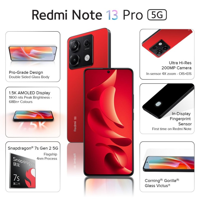 Redmi Note 13 Pro (Scarlet Red, 8GB RAM, 128GB Storage) | 1.5K AMOLED | 200MP Hi-Res Camera | Flagship 4nm SD 7s Gen 2 | 67W TurboCharge {open box} Redmi Note 13 Pro (Scarlet Red, 8GB RAM, 128GB Storage) | 1.5K AMOLED | 200MP Hi-Res Camera | Flagship 4nm SD 7s Gen 2 | 67W TurboCharge {open box}