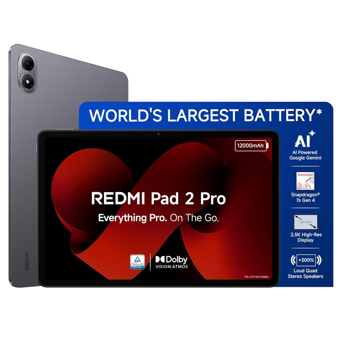 Redmi Pad 2 Pro [Smartchoice] | 12000mAh | Snapdragon 7s Gen 4 |12.1-inch, 2.5K Display |83+ Days Standby |HyperOS 2 |120Hz| Dolby Vision Atmos | Wi-Fi 6| AI Powered | 8GB,128GB |Graphite Grey