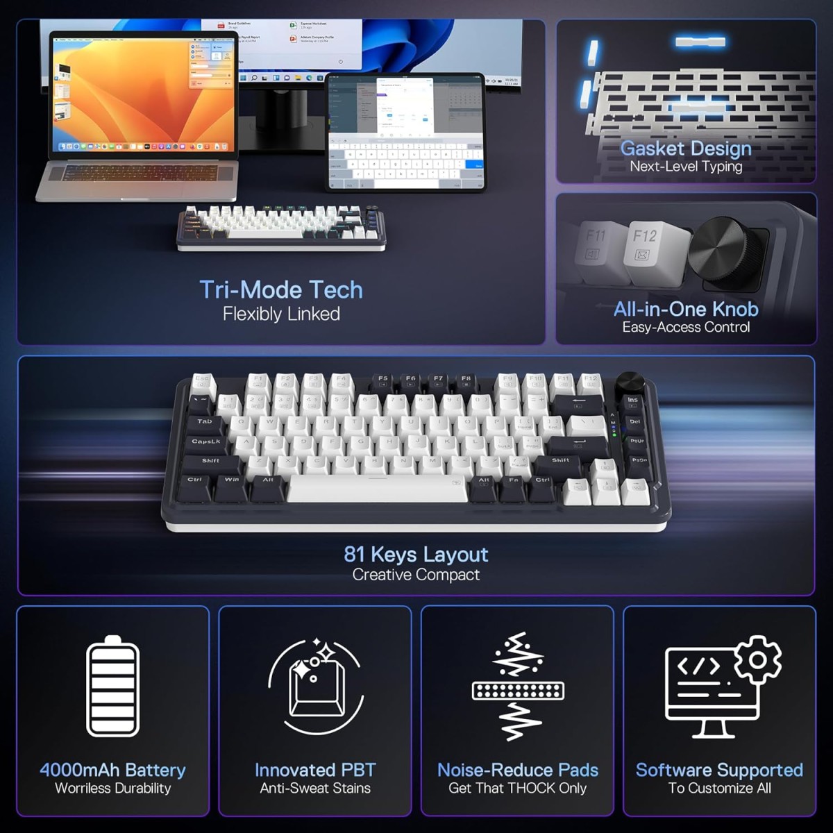 Redragon K673 PRO 75% Wireless Gasket RGB Gaming Keyboard, 3-Modes 81 Keys Compact Mechanical Keyboard w/Hot-Swap Socket, Dedicated Knob Control & Sound Absorbing Pads, Linear Red Switch