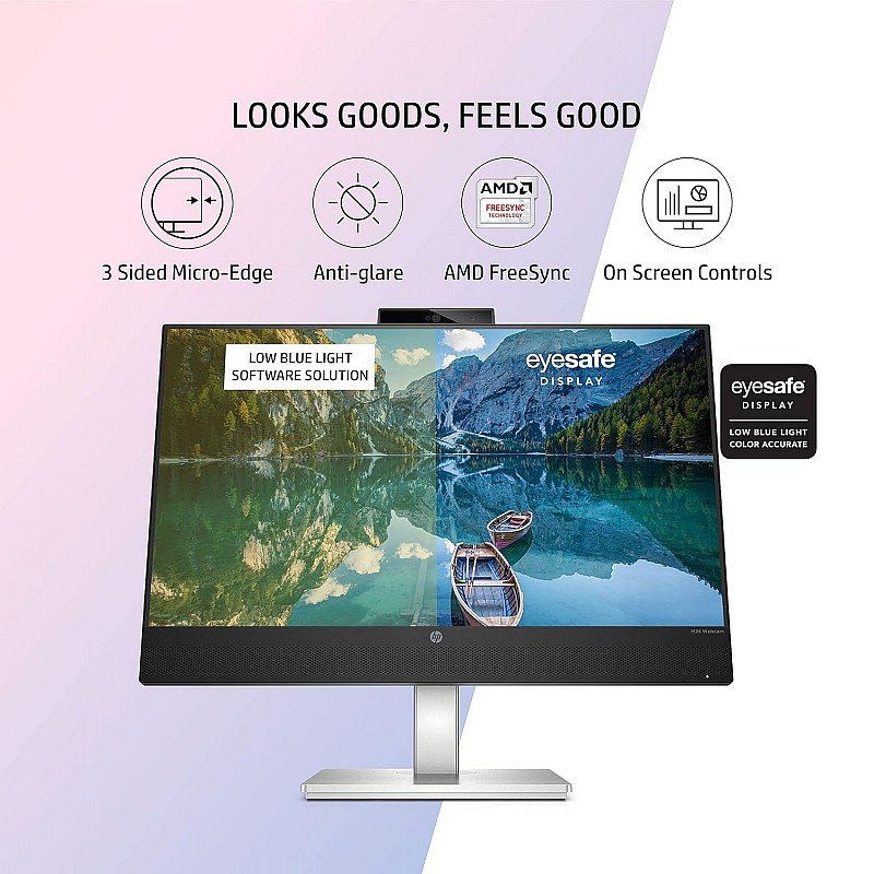 HP M24 23.8-inch(60.45 cm) FHD IPS 3-Sided Micro-Edge Screen, Eyesafe Certified,AMD FreeSync, 5 MP Webcam,75Hz, 99% sRGB,Flicker Free, 1xHDMI 1.4, 300 nits(459J4AA), M24 Webcam Monitor, Black