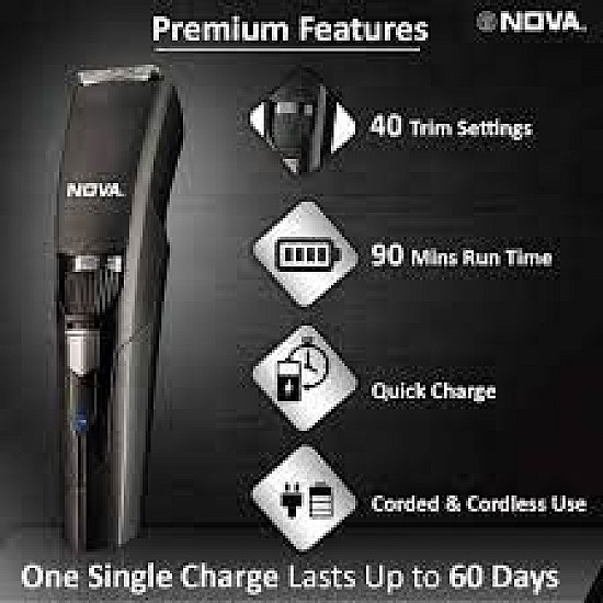 NOVA NHT 1052 USB Trimmer 90 min Runtime 40 Length Settings (Black)